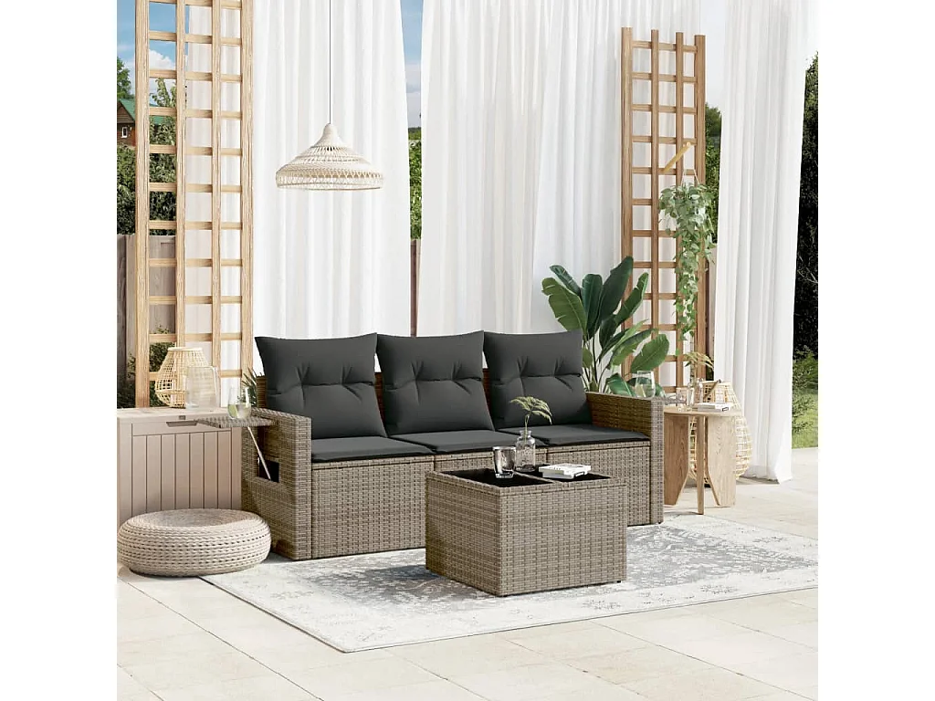 Salon de jardin 4 pcs avec coussins gris résine tressée
