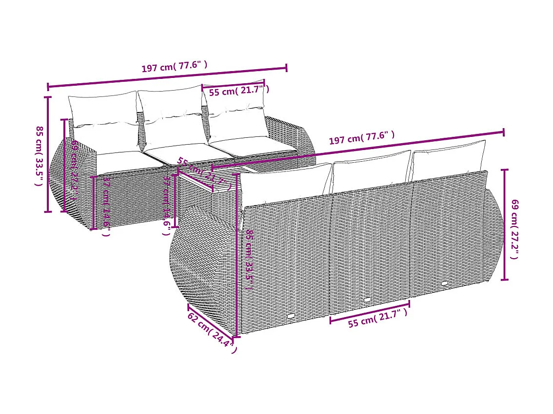 Salon de jardin avec coussins 7 pcs beige résine tressée