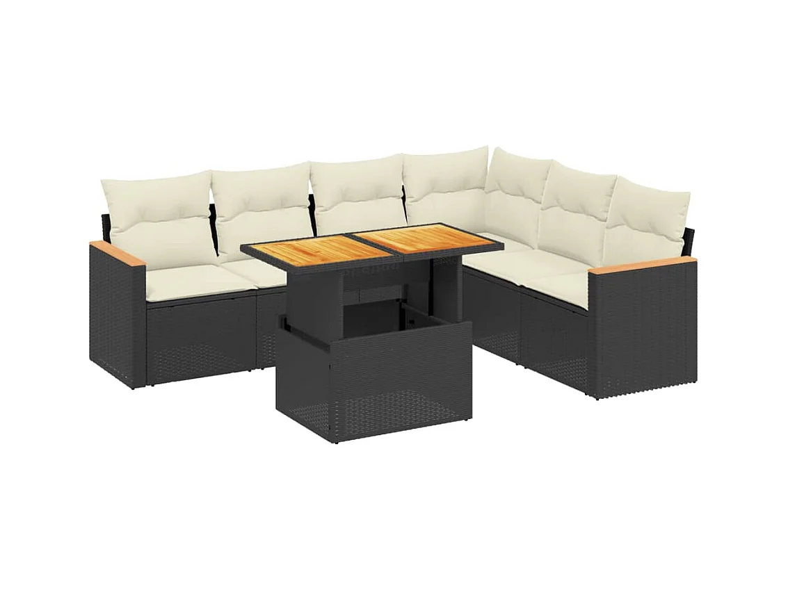 Salon de jardin 7 pcs avec coussins noir résine tressée