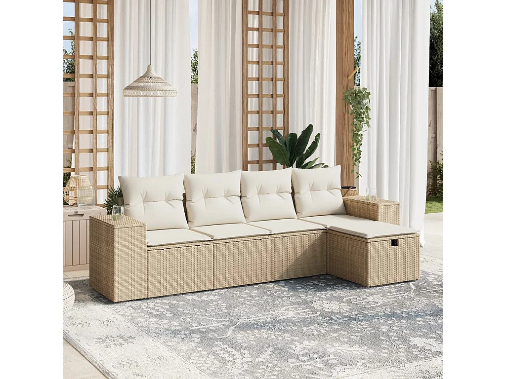 Salon de jardin avec coussins 5 pcs beige résine tressée