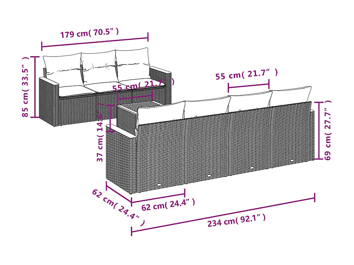 Salon de jardin 8 pcs avec coussins noir résine tressée