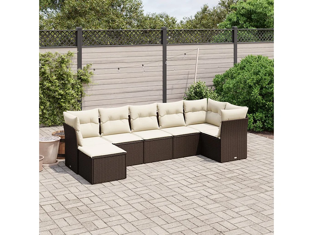 Salon de jardin avec coussins 7 pcs marron résine tressée
