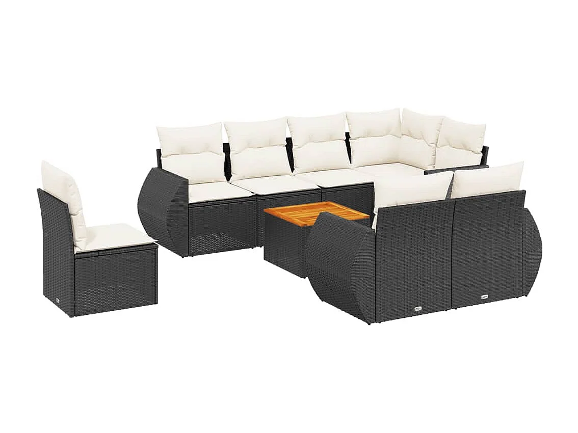 Salon de jardin 9 pcs avec coussins noir résine tressée