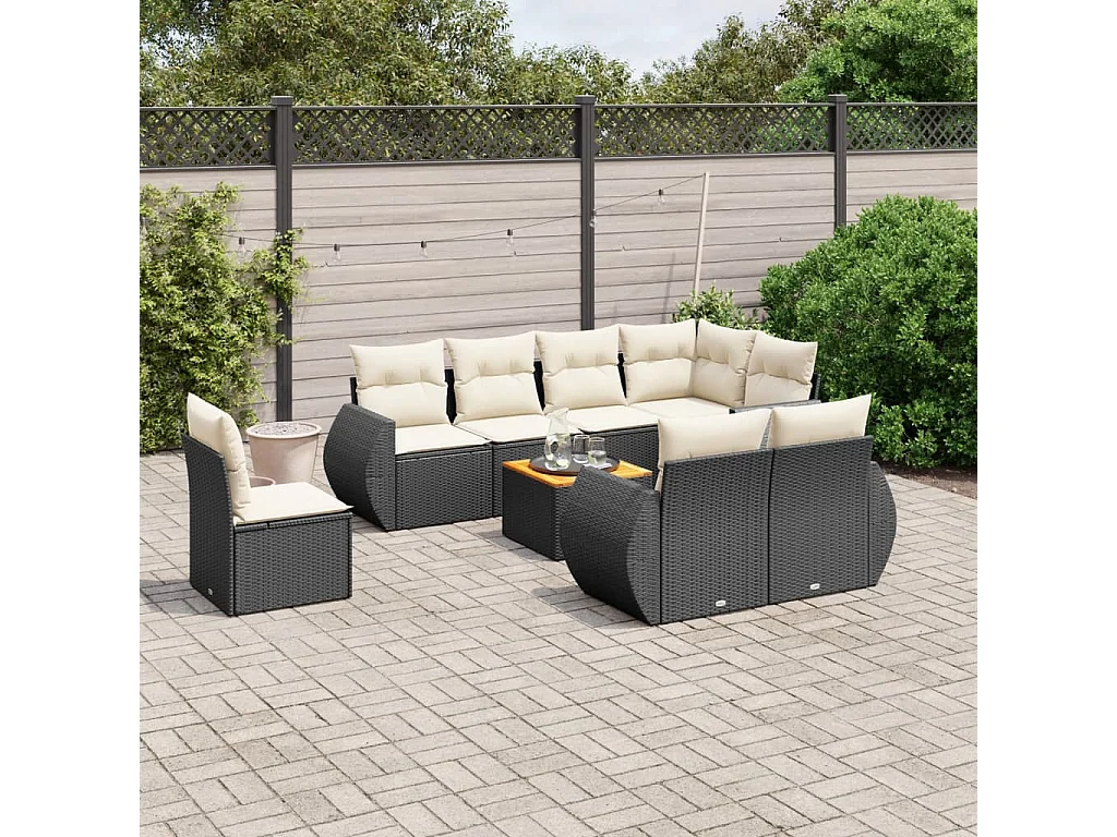 Salon de jardin 9 pcs avec coussins noir résine tressée