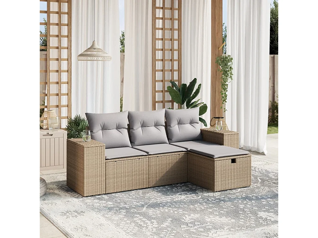 Salon de jardin avec coussins 4pcs mélange beige résine tressée