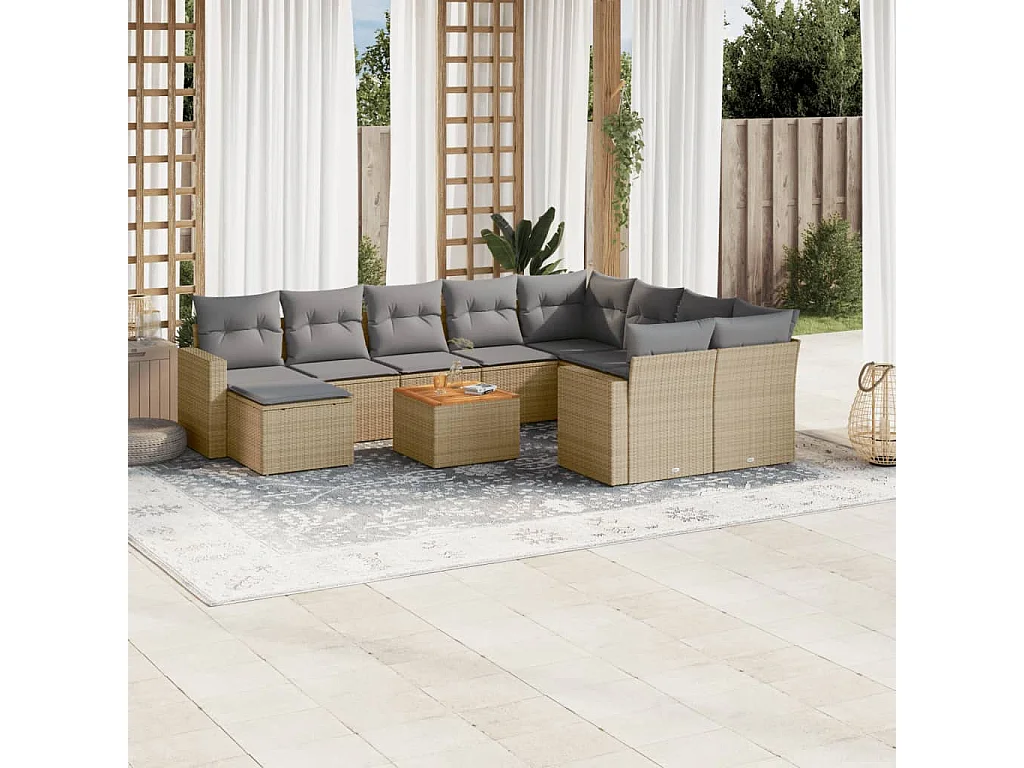 Salon de jardin et coussins 11 pcs mélange beige résine tressée