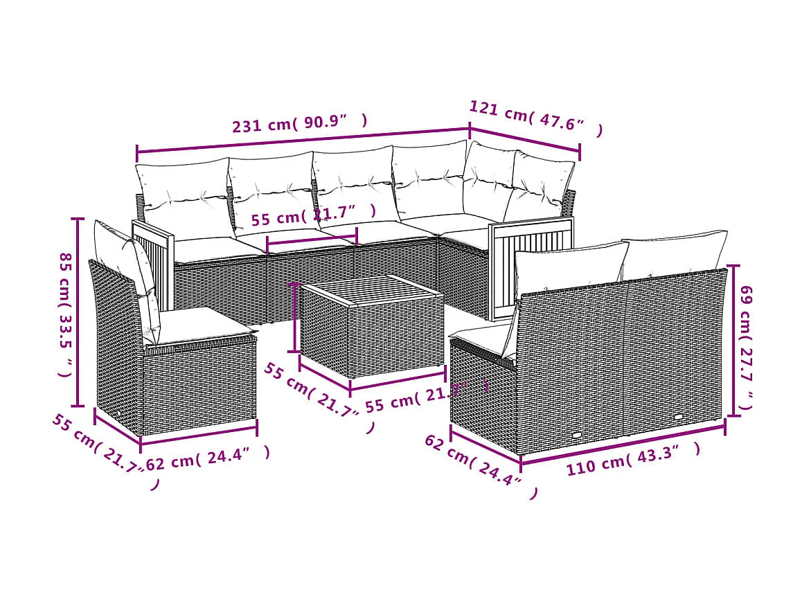 Salon de jardin avec coussins 9 pcs beige résine tressée