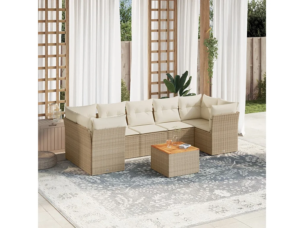Salon de jardin avec coussins 8 pcs beige résine tressée