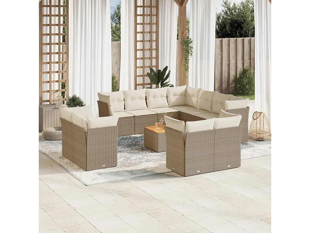 Salon de jardin avec coussins 12 pcs beige résine tressée