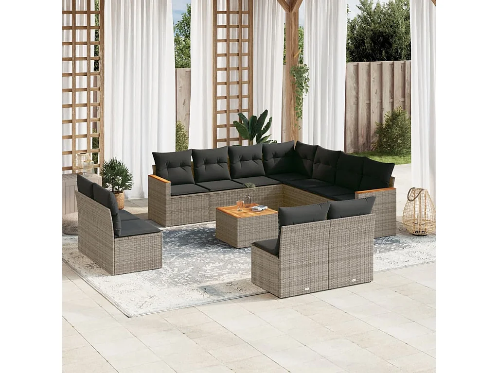 Salon de jardin avec coussins 12 pcs gris résine tressée