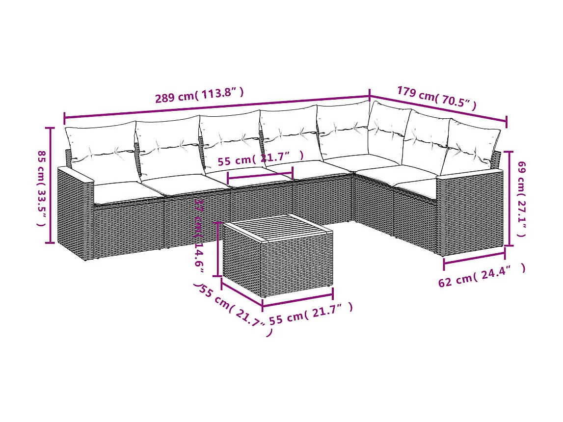 Salon de jardin 8 pcs avec coussins gris résine tressée