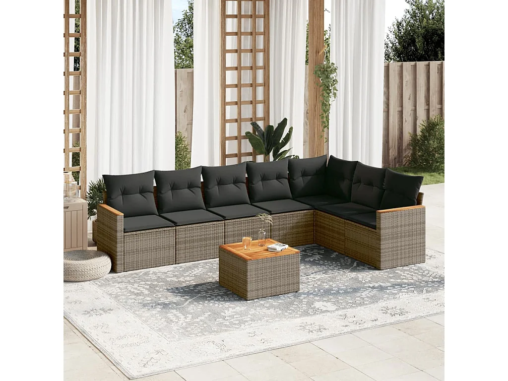 Salon de jardin 8 pcs avec coussins gris résine tressée
