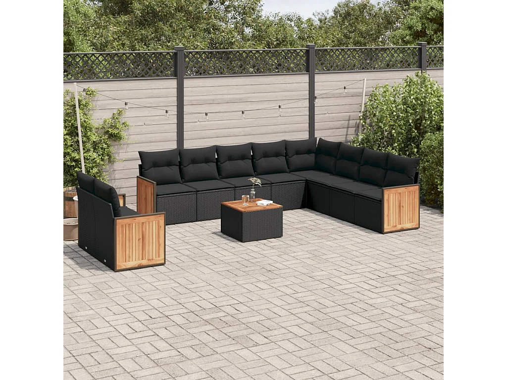 Salon de jardin 11 pcs avec coussins noir résine tressée