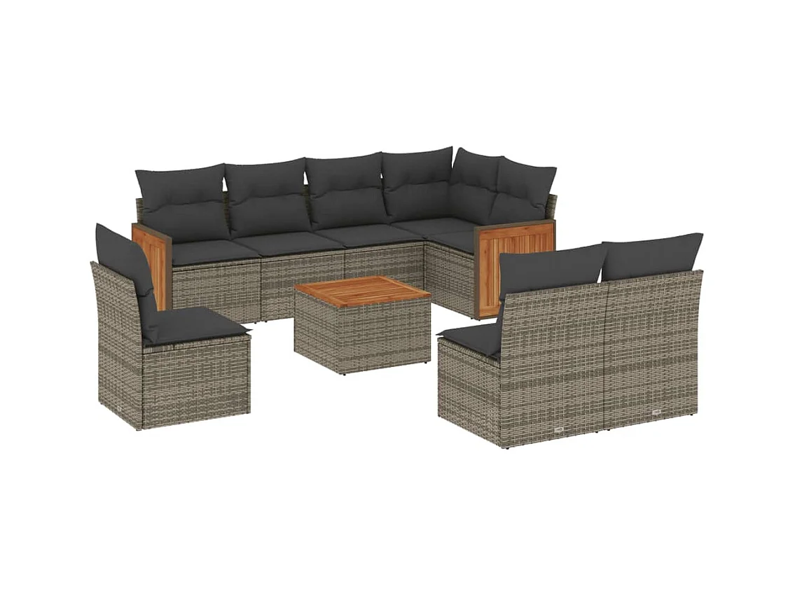 Salon de jardin 9 pcs avec coussins gris résine tressée