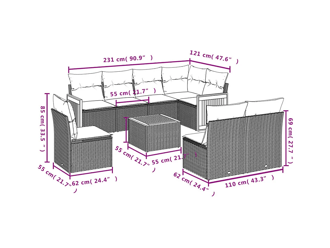 9-delige Loungeset met kussens poly rattan grijs