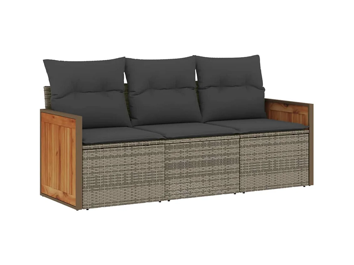 Salon de jardin avec coussins 3 pcs gris résine tressée