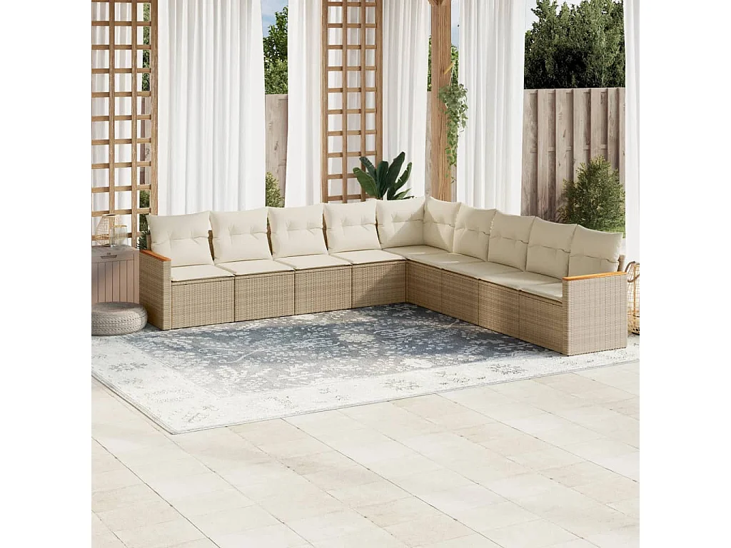 Salon de jardin avec coussins 9 pcs beige résine tressée