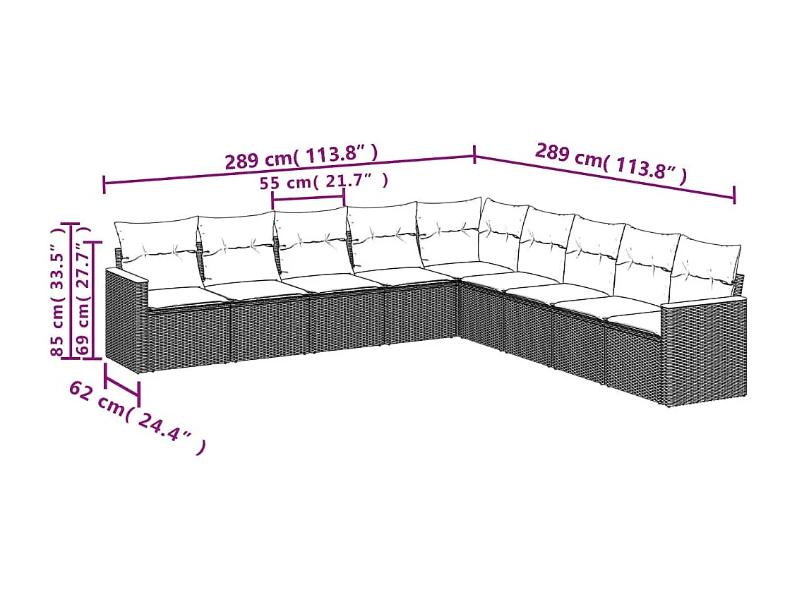 Salon de jardin avec coussins 9 pcs beige résine tressée