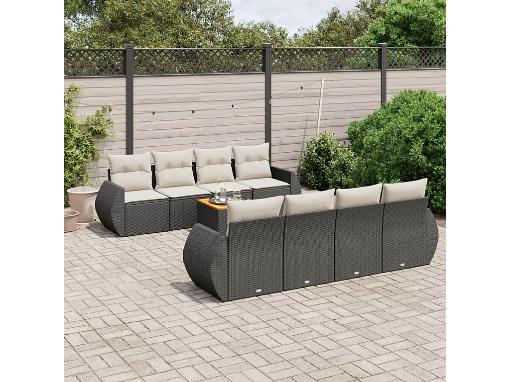 Salon de jardin 9 pcs avec coussins noir résine tressée