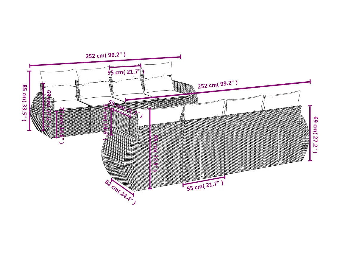 Salon de jardin 9 pcs avec coussins noir résine tressée