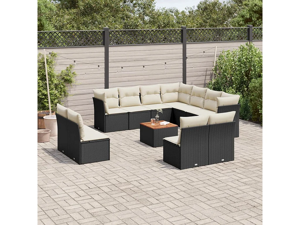 Salon de jardin 12 pcs avec coussins noir résine tressée