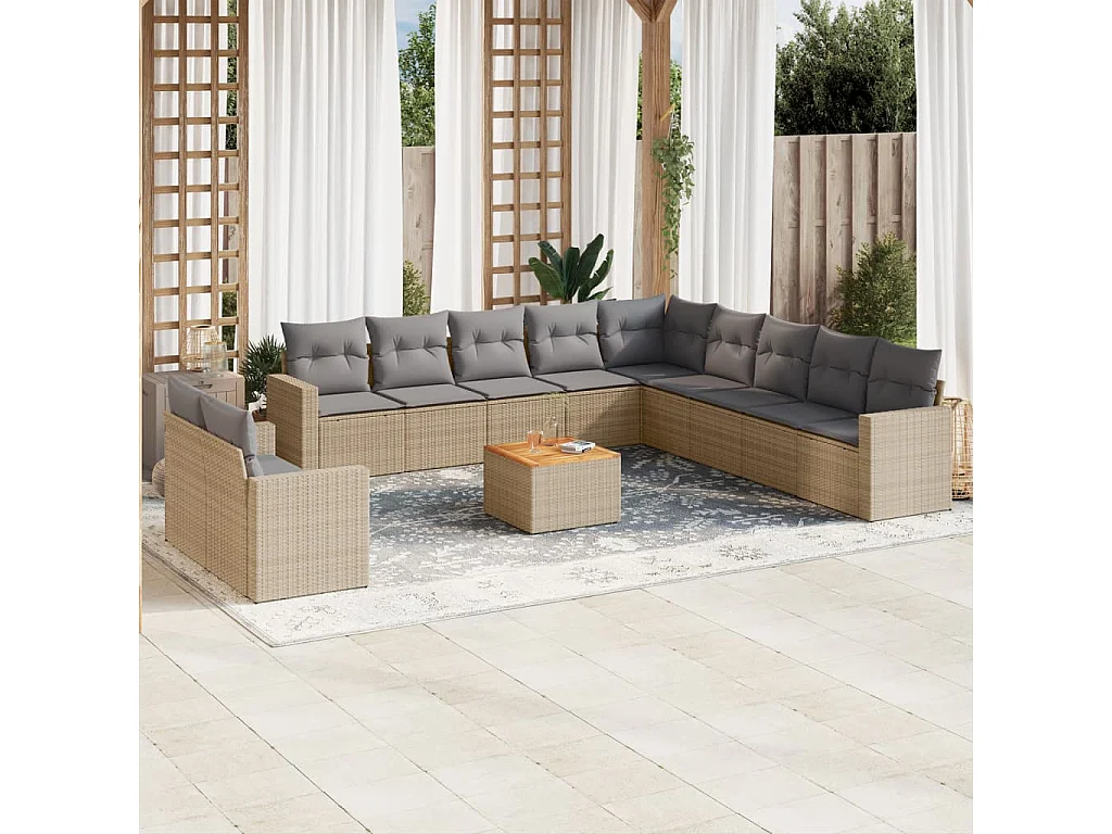 Salon de jardin et coussins 12 pcs mélange beige résine tressée