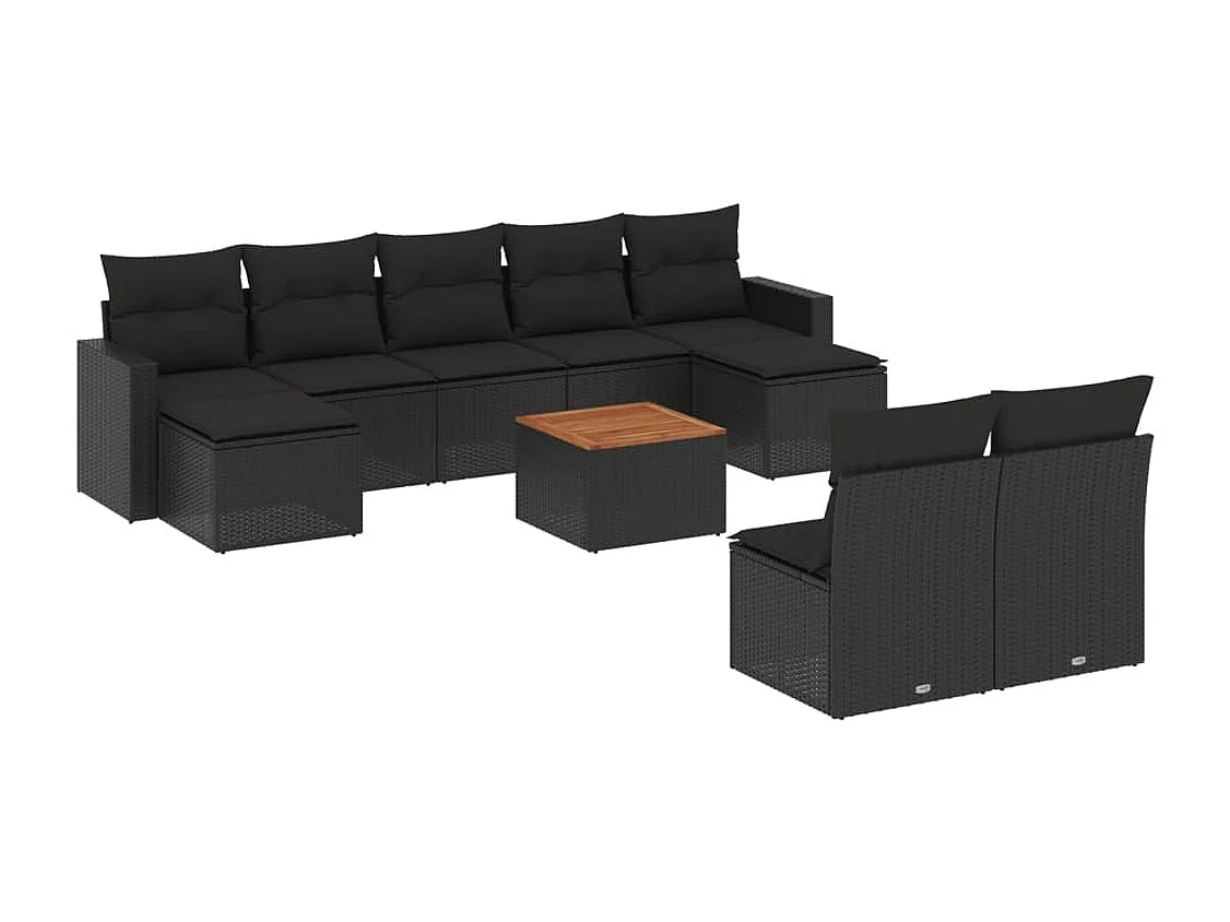 Salon de jardin 10 pcs avec coussins noir résine tressée
