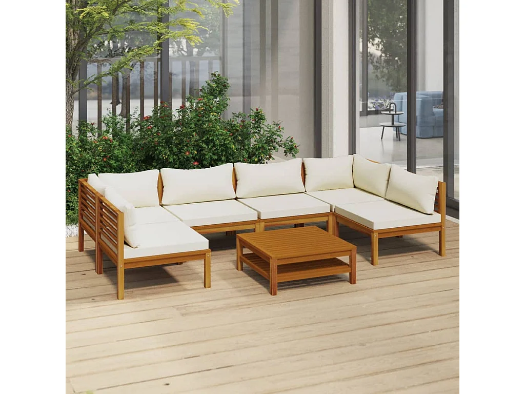 Salon de jardin 7 pcs avec coussin crème Bois d'acacia solide 3