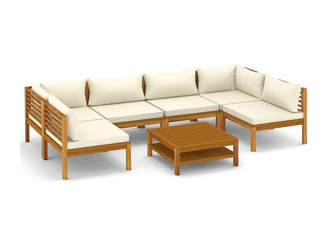 Salon de jardin 7 pcs avec coussin crème Bois d'acacia solide 3