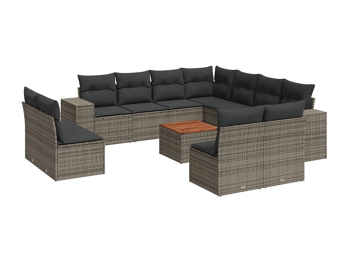 Salon de jardin avec coussins 12 pcs gris résine tressée