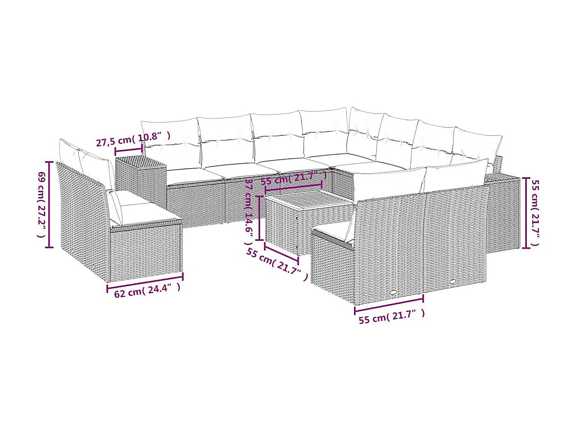 Salon de jardin avec coussins 12 pcs gris résine tressée