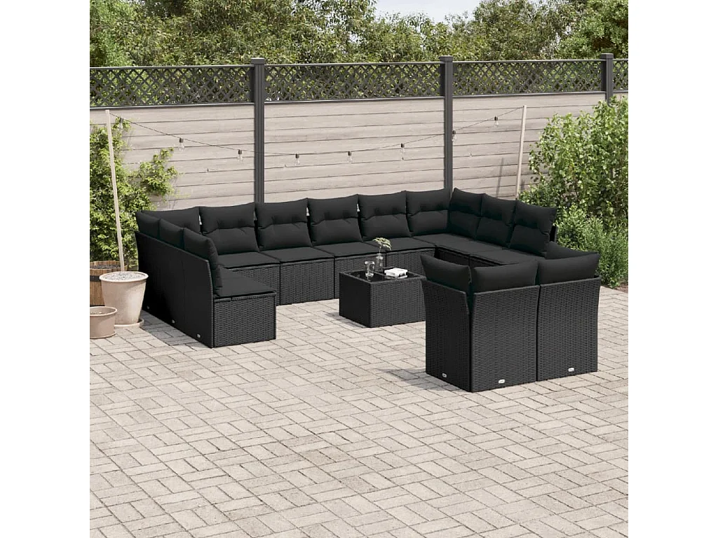 Salon de jardin avec coussins 13 pcs noir résine tressée