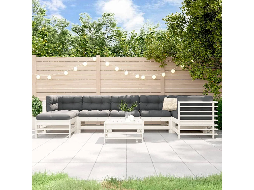Salon de jardin 8 pcs avec coussins blanc bois massif