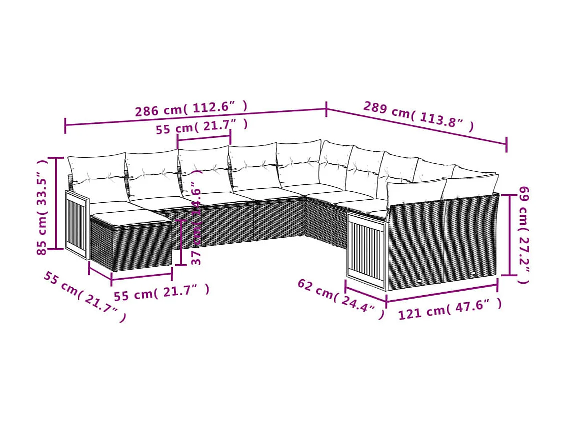 Salon de jardin 11 pcs avec coussins noir résine tressée