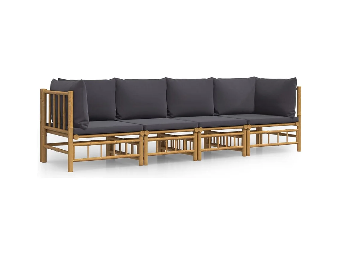 Salon de jardin 4 pcs avec coussins gris foncé bambou