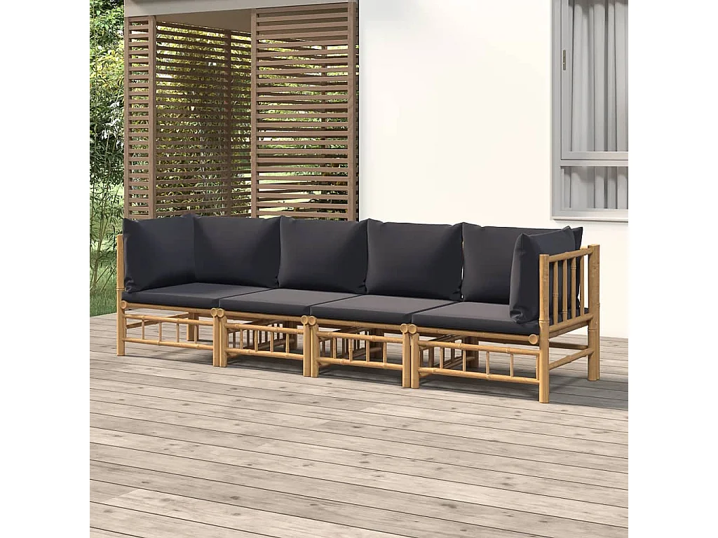 Salon de jardin 4 pcs avec coussins gris foncé bambou