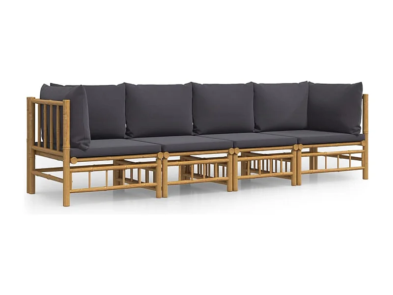 Salon de jardin 4 pcs avec coussins gris foncé bambou