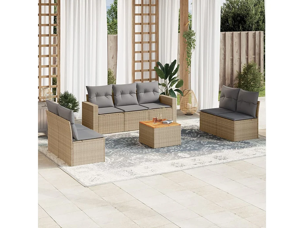 Salon de jardin avec coussins 8 pcs beige résine tressée