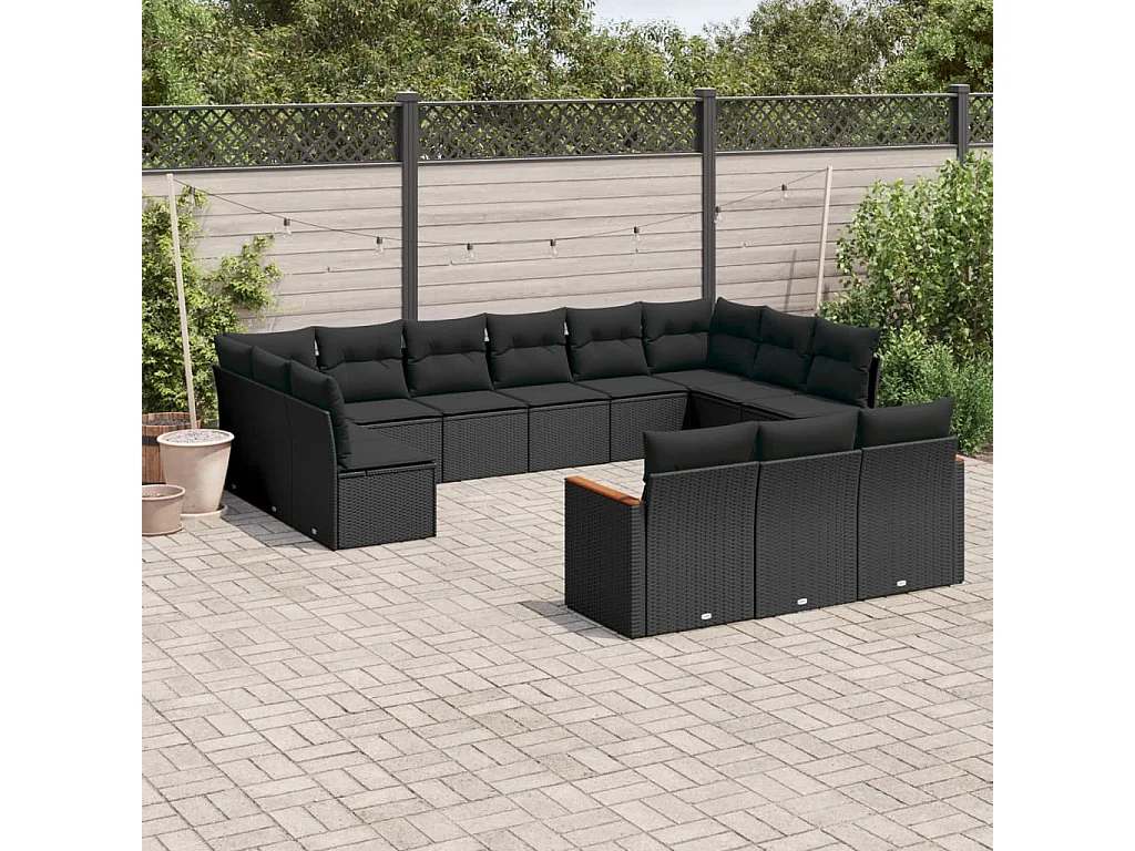 Salon de jardin avec coussins 13 pcs noir résine tressée