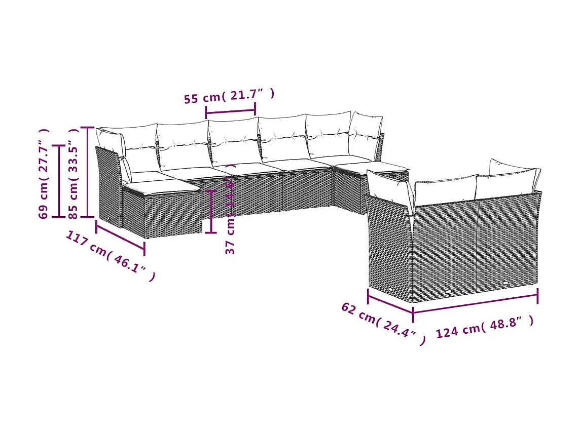 Salon de jardin 9 pcs avec coussins gris résine tressée