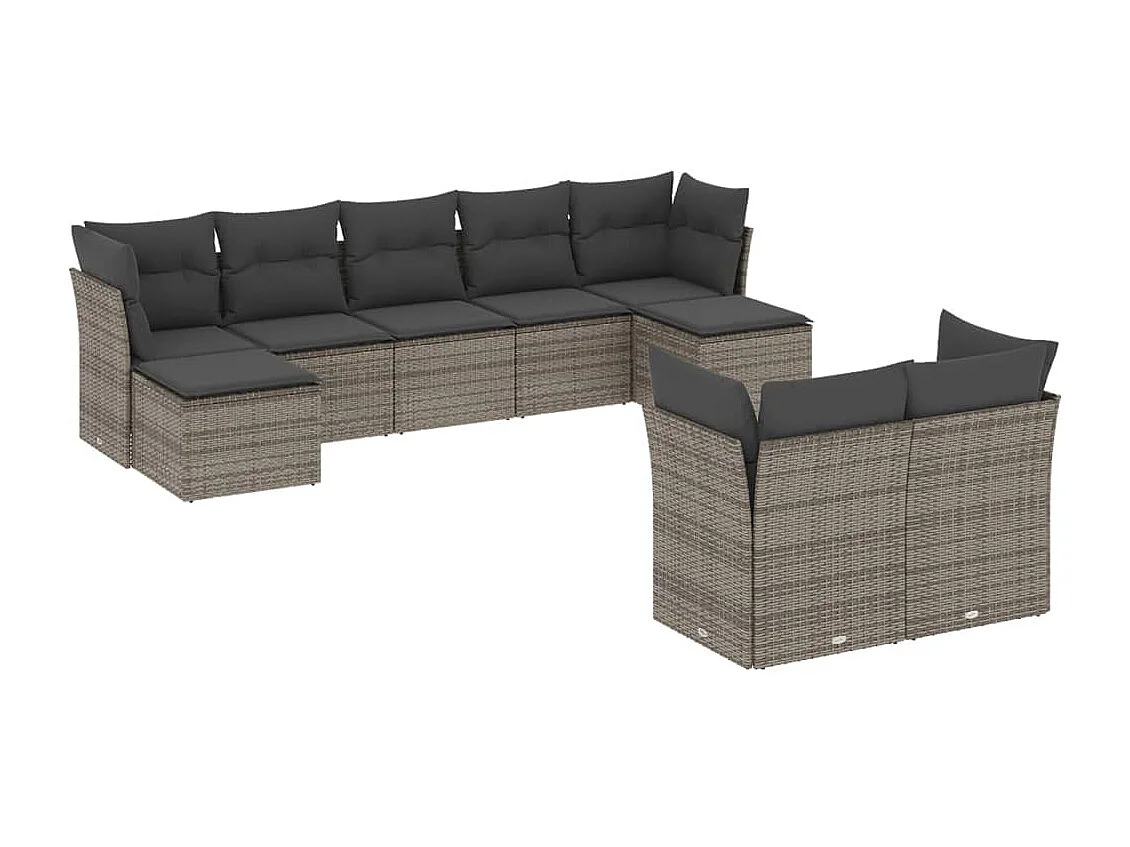 Salon de jardin 9 pcs avec coussins gris résine tressée