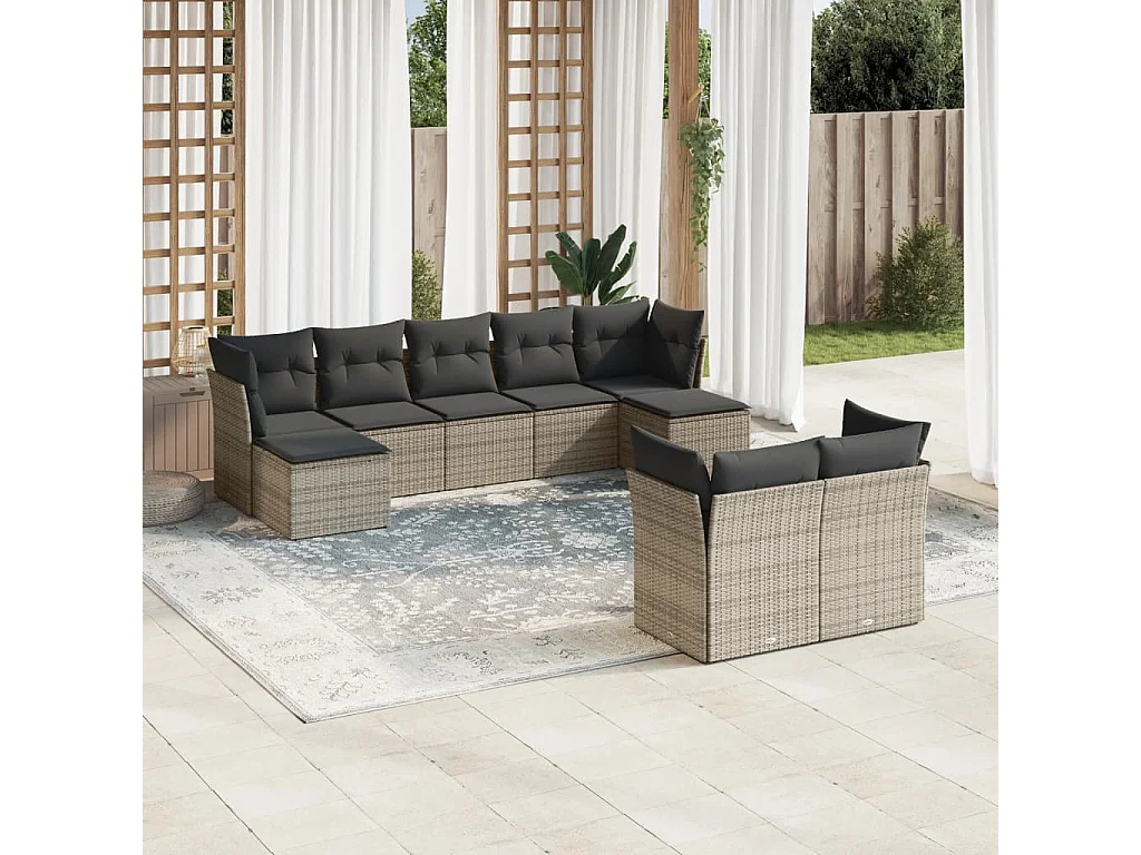 Salon de jardin 9 pcs avec coussins gris résine tressée