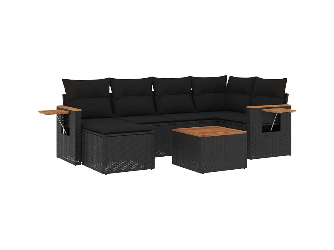 Salon de jardin 7 pcs avec coussins noir résine tressée