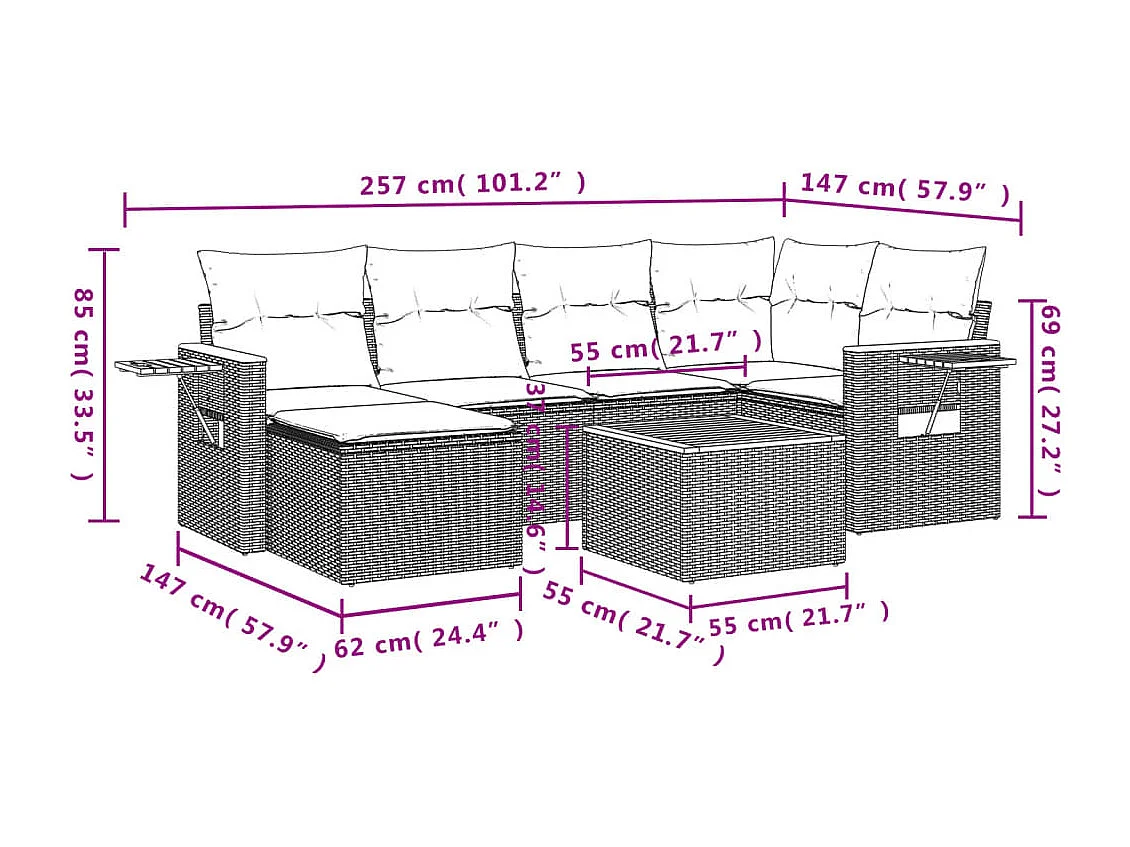 Salon de jardin 7 pcs avec coussins noir résine tressée