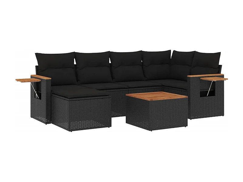 Salon de jardin 7 pcs avec coussins noir résine tressée