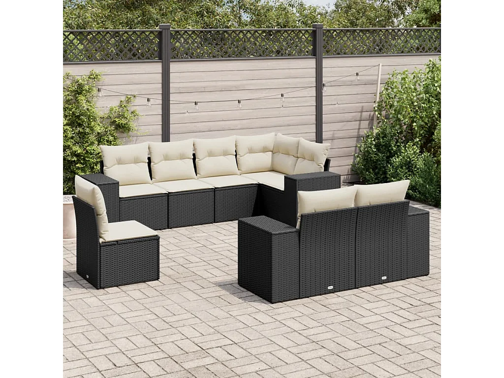 Salon de jardin 8 pcs avec coussins noir résine tressée