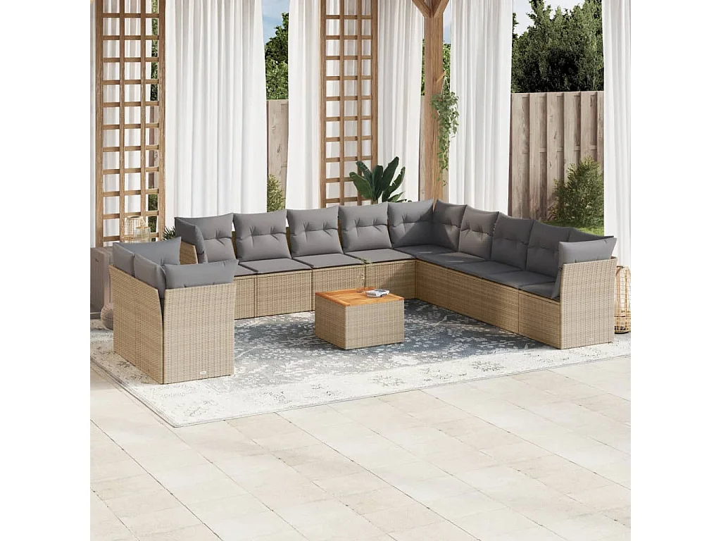 Salon de jardin avec coussins 12 pcs beige résine tressée