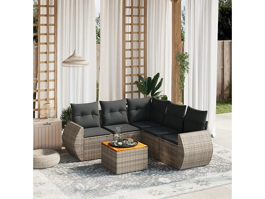 Salon de jardin 6 pcs avec coussins gris résine tressée