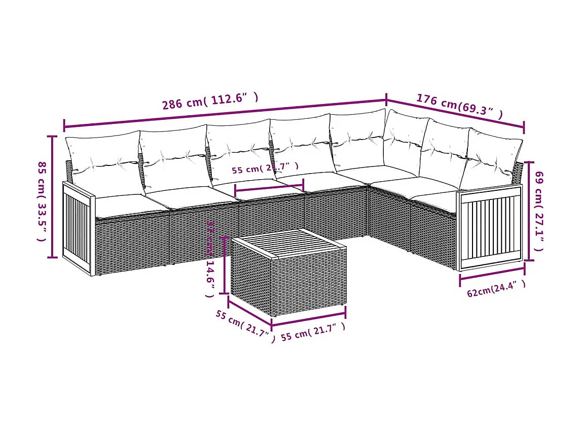 Salon de jardin 8 pcs avec coussins gris résine tressée