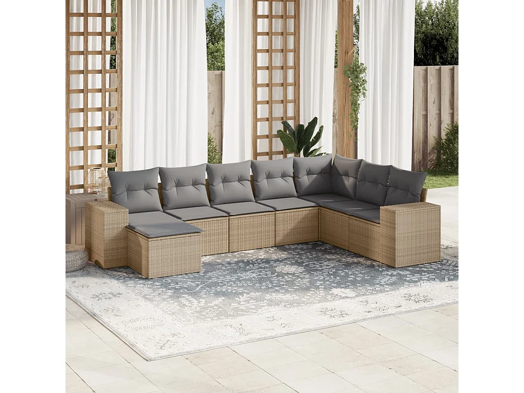 Salon de jardin avec coussins 8 pcs beige résine tressée